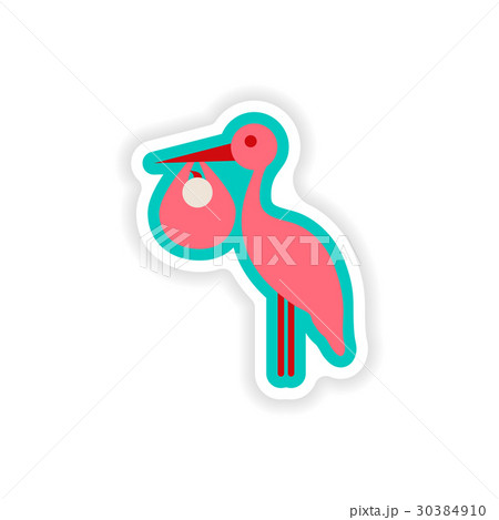 paper sticker on white background Baby and Stork paper sticker on white background Baby and Stork 30384910