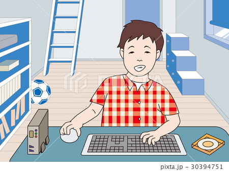 人物イラスト 子供部屋 パソコンのイラスト素材