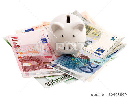 Piggy bank and euro banknotes isolated on white 30403899