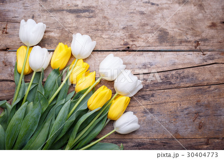 Pile of fresh white and yellow tulips on the table 30404773