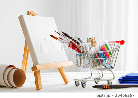 Mini shopping cart with artistic goods for drawing Mini shopping cart with artistic goods for drawing 30406267