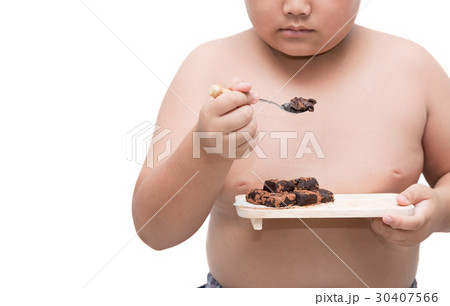 obese fat boy eat nama chocolate isolated on white 30407566
