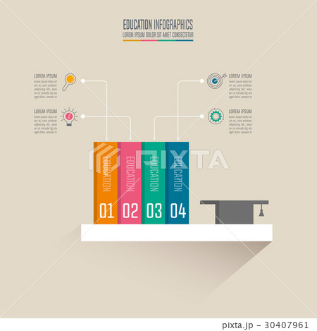 Books and graduation cap on shelf infographic. 30407961