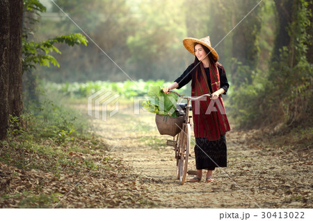 Beautiful Lao women riding bicycles. Beautiful Lao women riding bicycles. 30413022