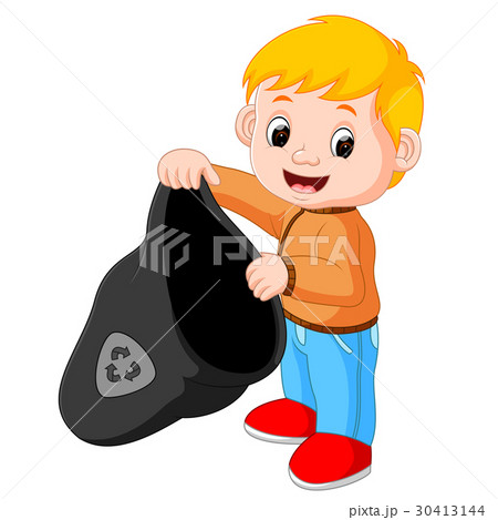 Boy Handling a Plastic Garbage Bag Boy Handling a Plastic Garbage Bag 30413144