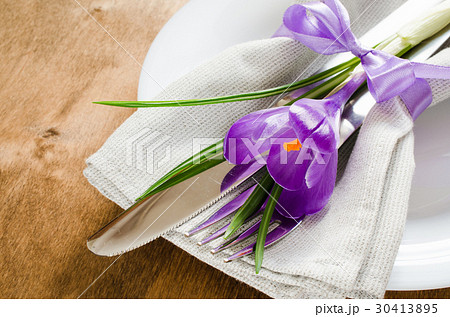 Spring Festive Table Setting With Fresh Flower. Spring Festive Table Setting With Fresh Flower. 30413895