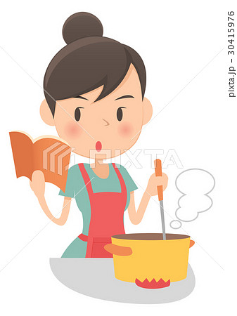 主婦 レシピをみながら鍋料理のイラスト素材