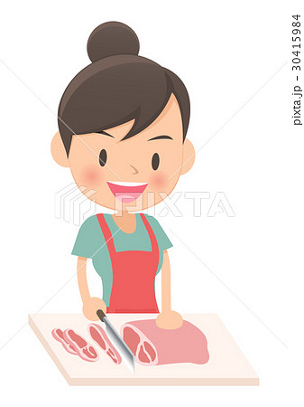 料理をする主婦 肉を切るのイラスト素材 30415984 Pixta