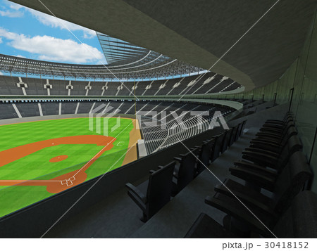 Modern baseball stadium with roof and black seats 30418152
