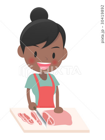 料理をする主婦 肉を切るのイラスト素材