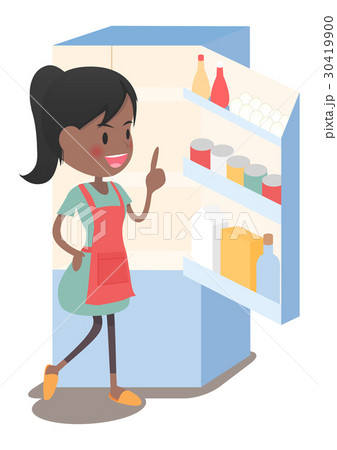 主婦 冷蔵庫の中を見て献立を思いつくのイラスト素材