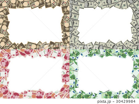 背景素材 お金フレーム 四種 ドル 円 ユーロ 元 のイラスト素材
