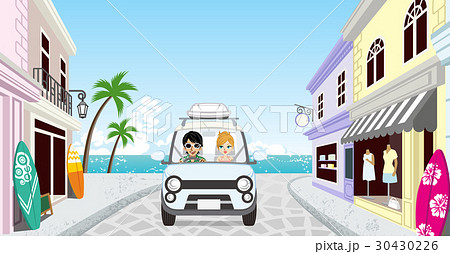 海辺の街をドライブするカップル キャラクターのイラスト素材