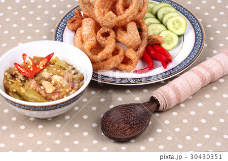 Green chili dip as Nam Prik Num served side dish. Green chili dip as Nam Prik Num served side dish. 30430351