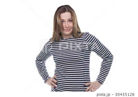 Happy young woman in striped dress Happy young woman in striped dress 30435126