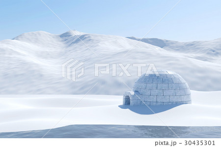 Igloo isolated in snowfield with lake and mountain 30435301