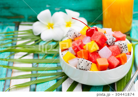 Exotic fruit salad. Healthy breakfast. Copy space. 30441874