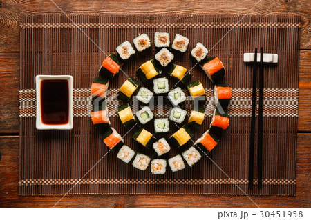 Food art, colorful ornament of sushi, flat lay 30451958