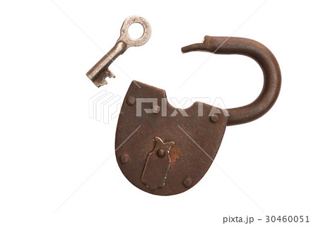 Old rusty padlock isolated on white background, key isolated. Old rusty padlock isolated on white background, key isolated. 30460051
