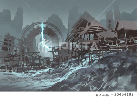 abandoned village with giant clock on background 30464193