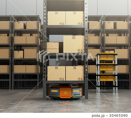 商品棚を運搬するオレンジ色のロボット。物流支援ロボットのコンセプト 30465090