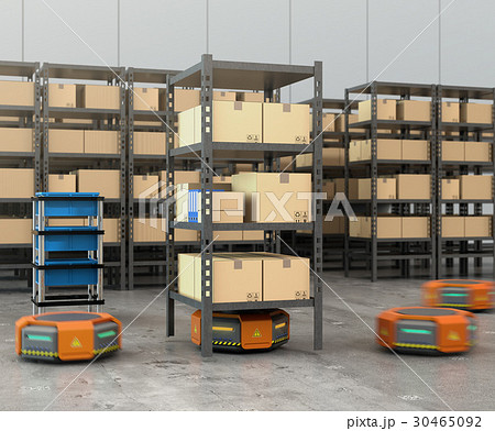 商品棚を運搬するオレンジ色のロボット。物流支援ロボットのコンセプト 商品棚を運搬するオレンジ色のロボット。物流支援ロボットのコンセプト 30465092