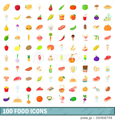 100 food icons set, cartoon style 30468749