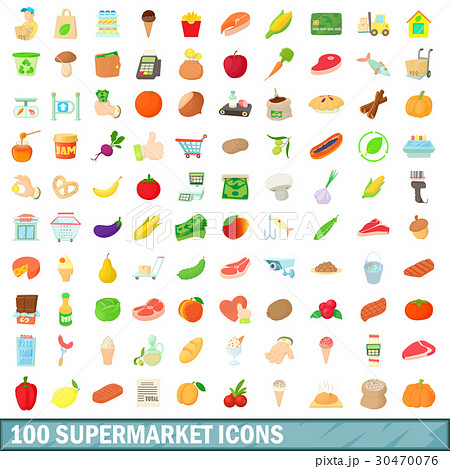 100 supermarket icons set, cartoon style 30470076