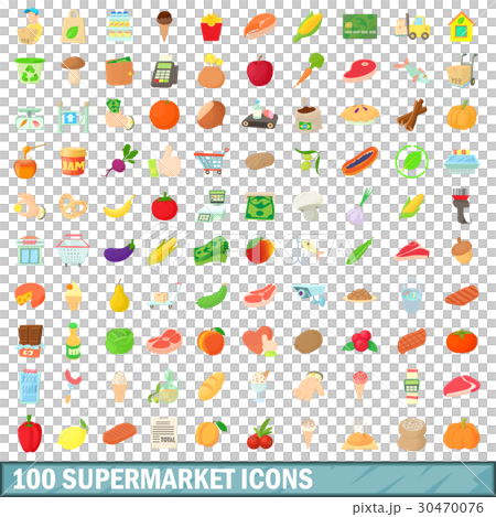 100 supermarket icons set, cartoon style 30470076