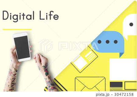 Hands working on Digital device network graphic overlay Hands working on Digital device network graphic overlay 30472158