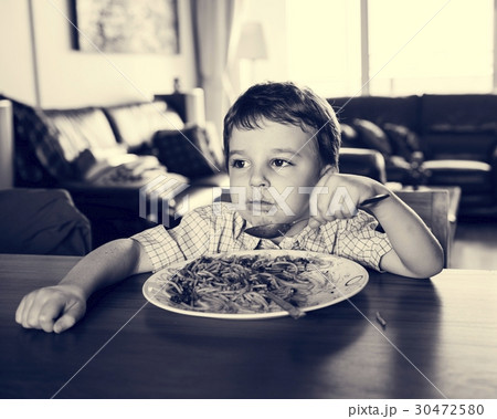 Little Boy Eating Spaghetti Pasta Breakfast Meal Food 30472580