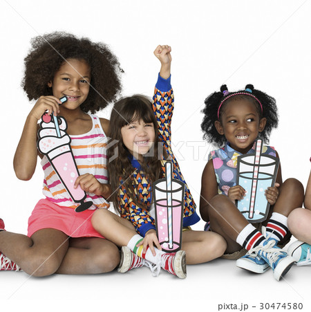 Children Girlfriends Smiling Happiness Friendship Togetherness Studio Portrait Children Girlfriends Smiling Happiness Friendship Togetherness Studio Portrait 30474580