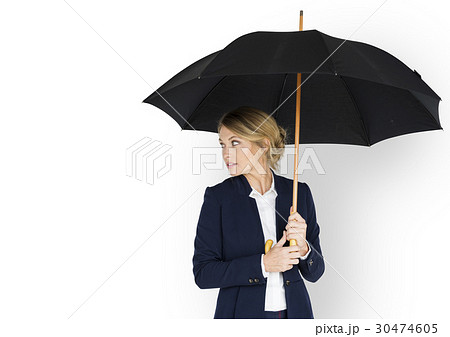 Business Woman Looking Back Umbrella Concept 30474605
