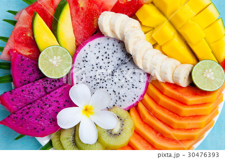 Tropical fruits assortment on a plate. Top view. 30476393