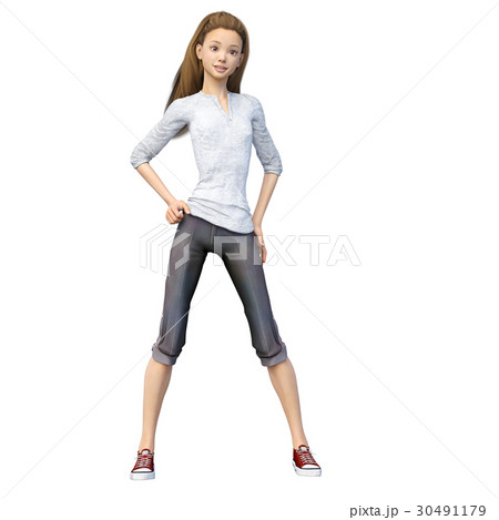 ラフなパンツファッションの若い女性 perming3DCGイラスト素材 30491179