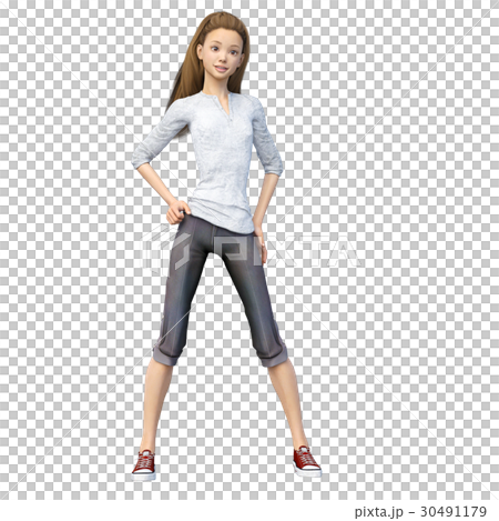 ラフなパンツファッションの若い女性 perming3DCGイラスト素材 30491179