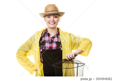 Happy woman holding empty fishing keepnet 30494682