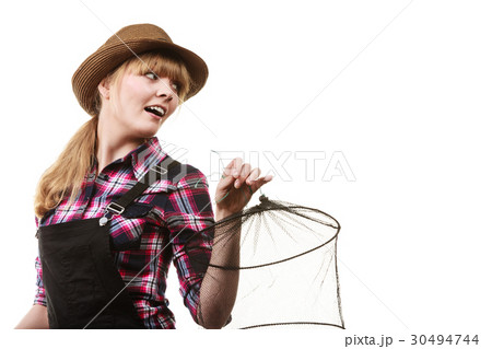 Happy woman holding fishing rod and keepnet 30494744