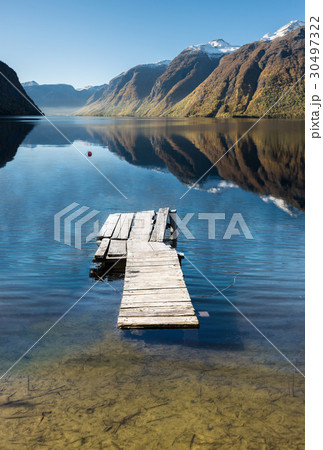 wooden bridge on a lake in the mountains 30497322