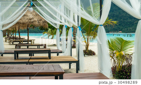 Beach bed on white sand among palm trees in full 30498289