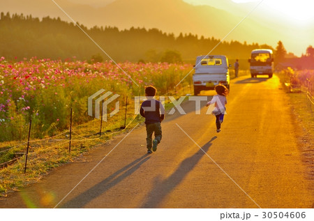 夕日に向かって走る子供の写真素材