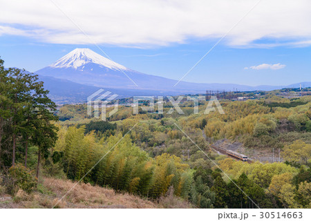 【静岡県】春の富士山、東海道本線を走る通勤電車 30514663