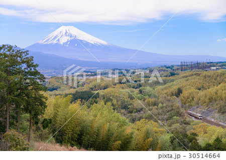 【静岡県】春の富士山、東海道本線を走る通勤電車 30514664