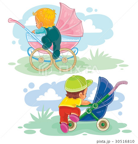 Set illustrations of little kids and baby carriage 30516810