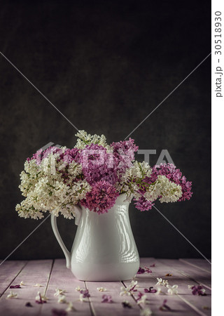 still life with purple and white lilac in vase 30518930