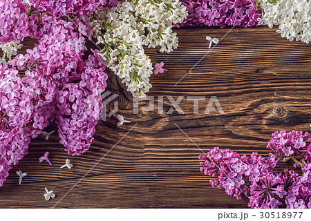white and purple lilac on wooden background 30518977