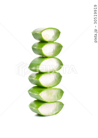 Slices of Green Aloe Vera on White Background 30519919