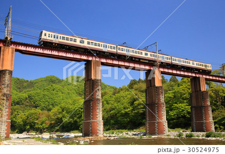 秩父鉄道の急行と荒川鉄橋の新緑 30524975