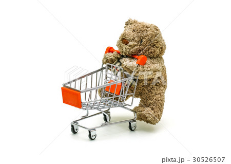 Isolated Teddy bear toy pushing the trolley cart 30526507