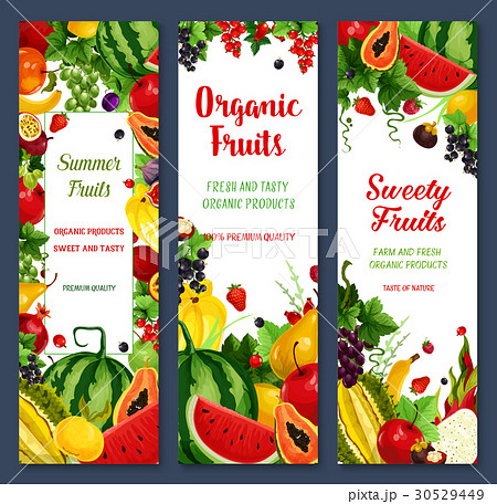 Vector banners of tropical fruits or fresh berries 30529449